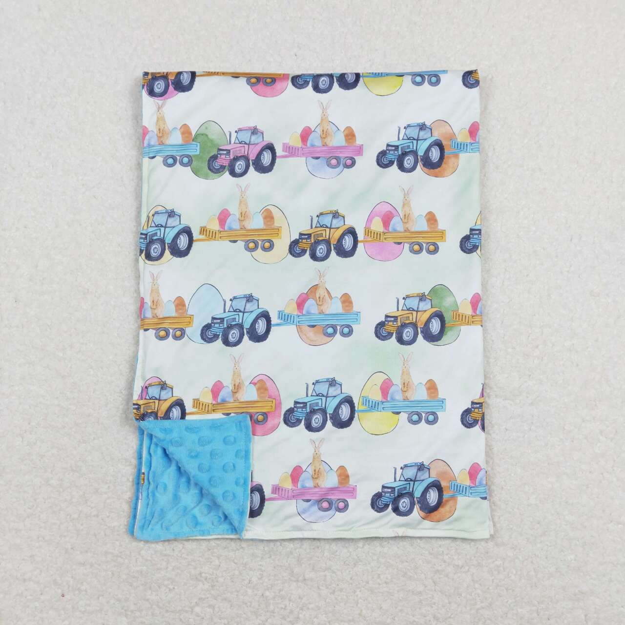 BL0117 Easter Tractor Truck Egg Rabbit Blue Baby Blanket