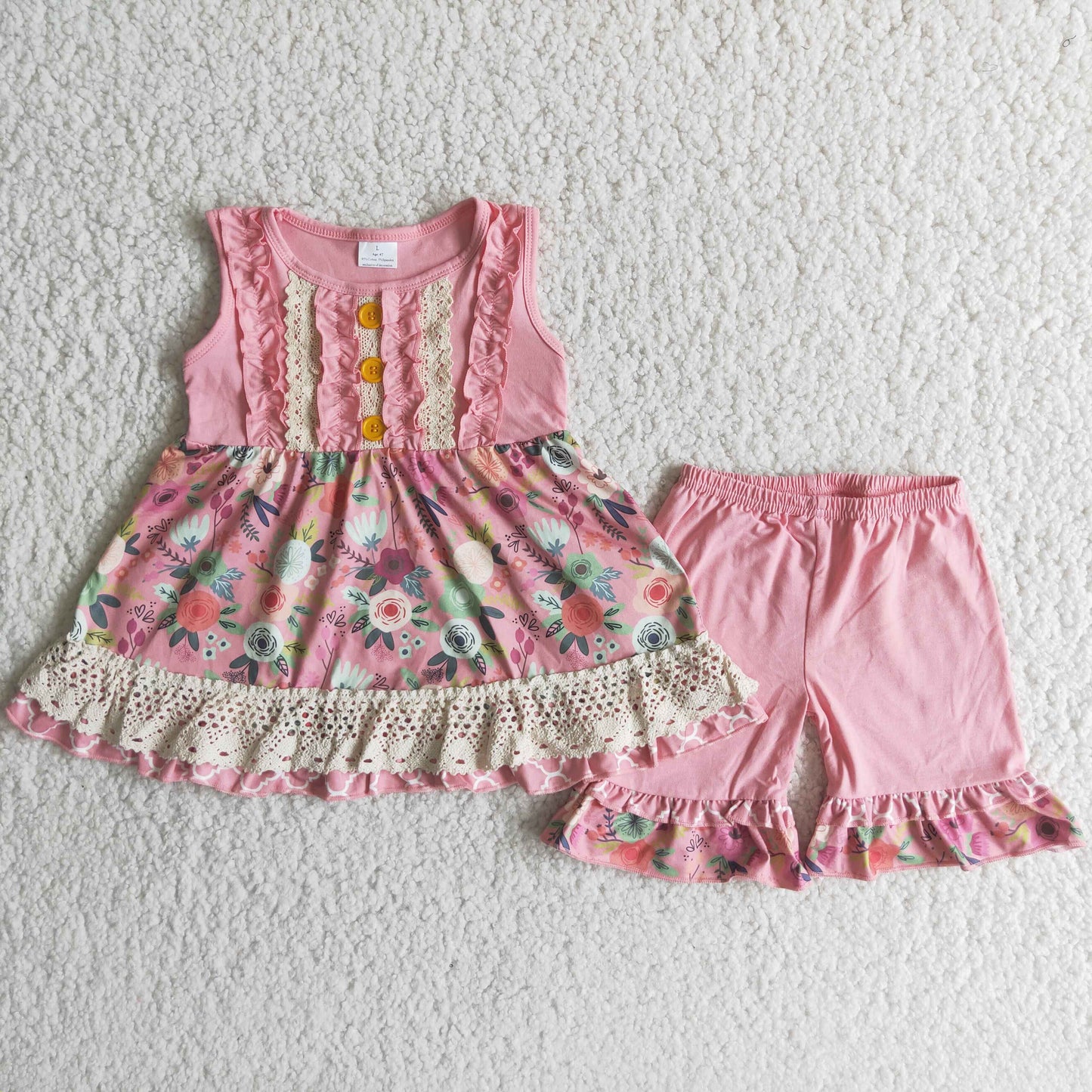 C2-3 pink flowers sleeveless pink shorts girls set