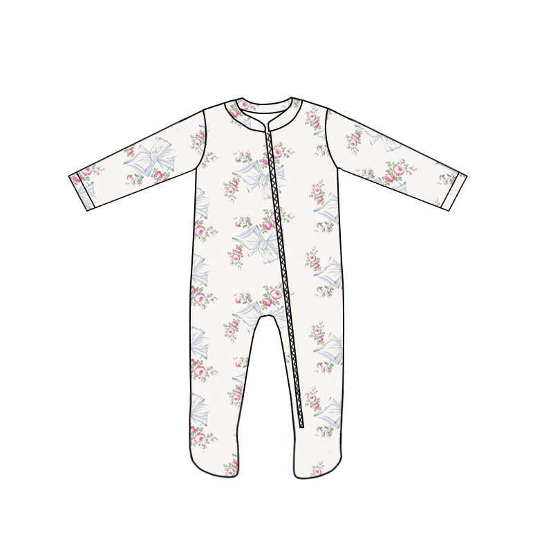 custom style flowers blue bows 1 long sleeve zipper girls romper