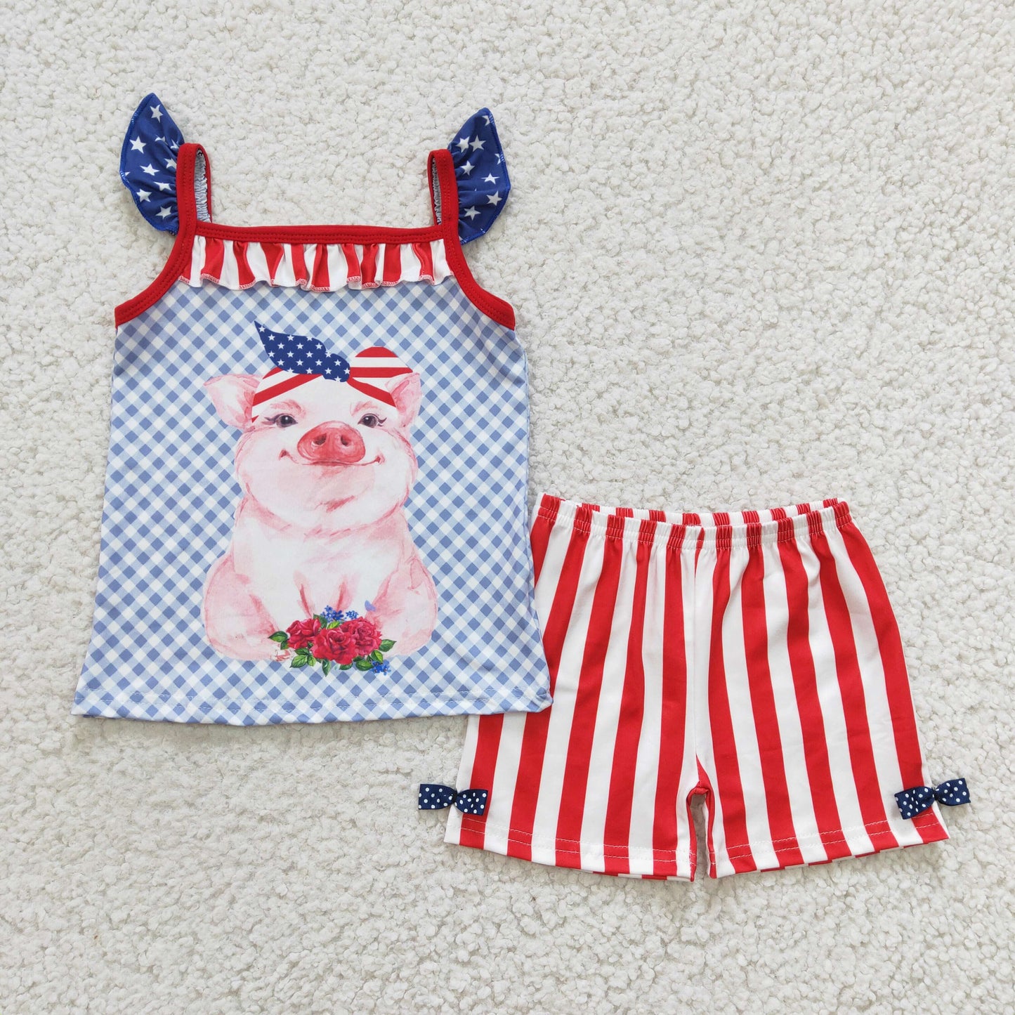 C4-11 cartoon pig flowers blue checkered flutter sleeve red striped shorts girls set
