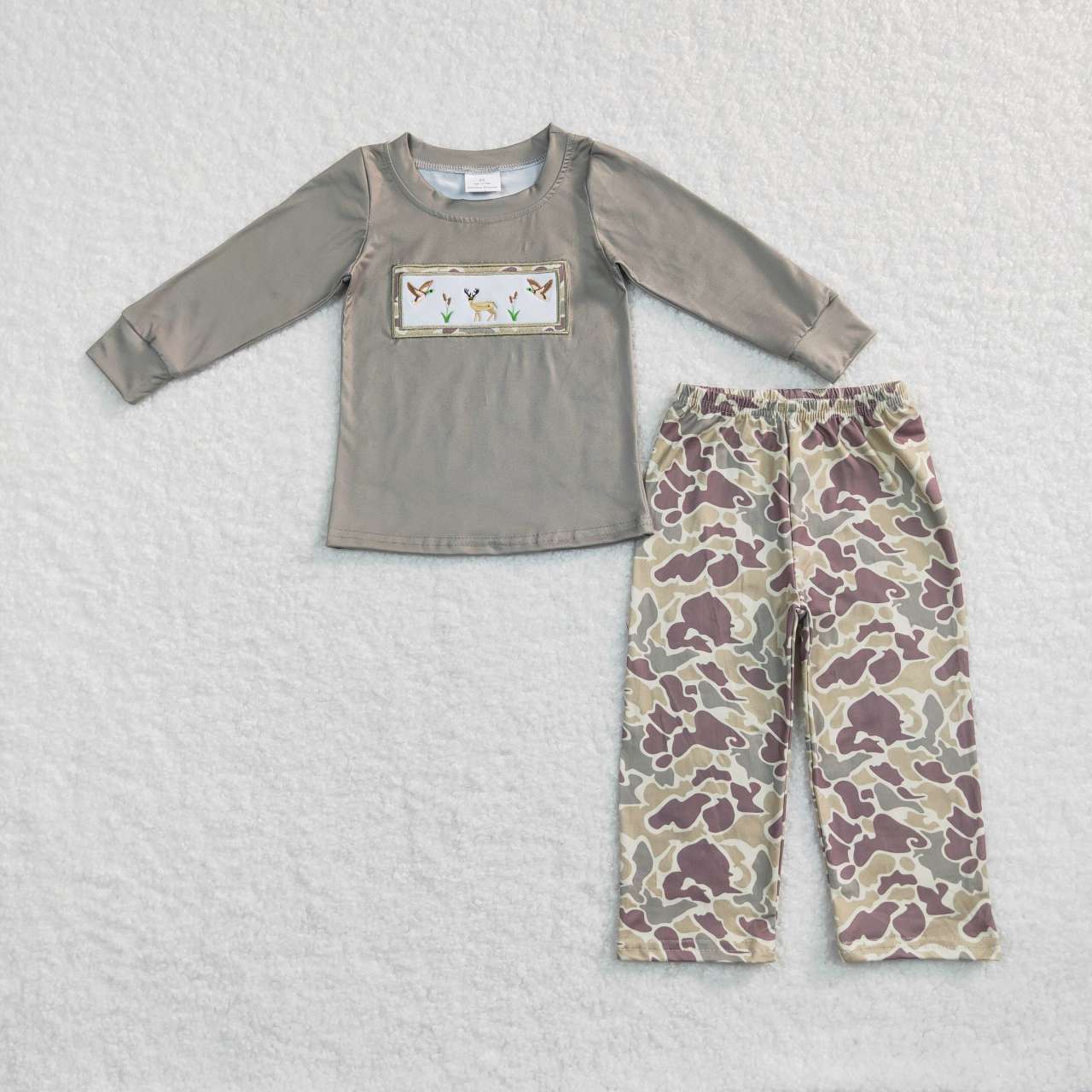 BLP0368 Hunt deer duck camo green long sleeve boys set