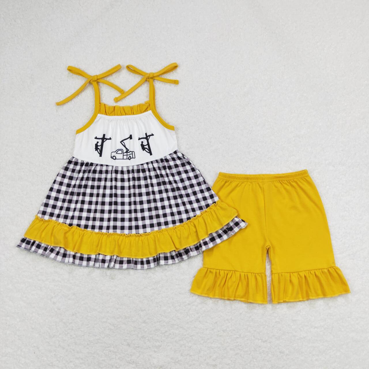 GSSO0771 Lineman black checkered sleeveless yellow shorts girls set