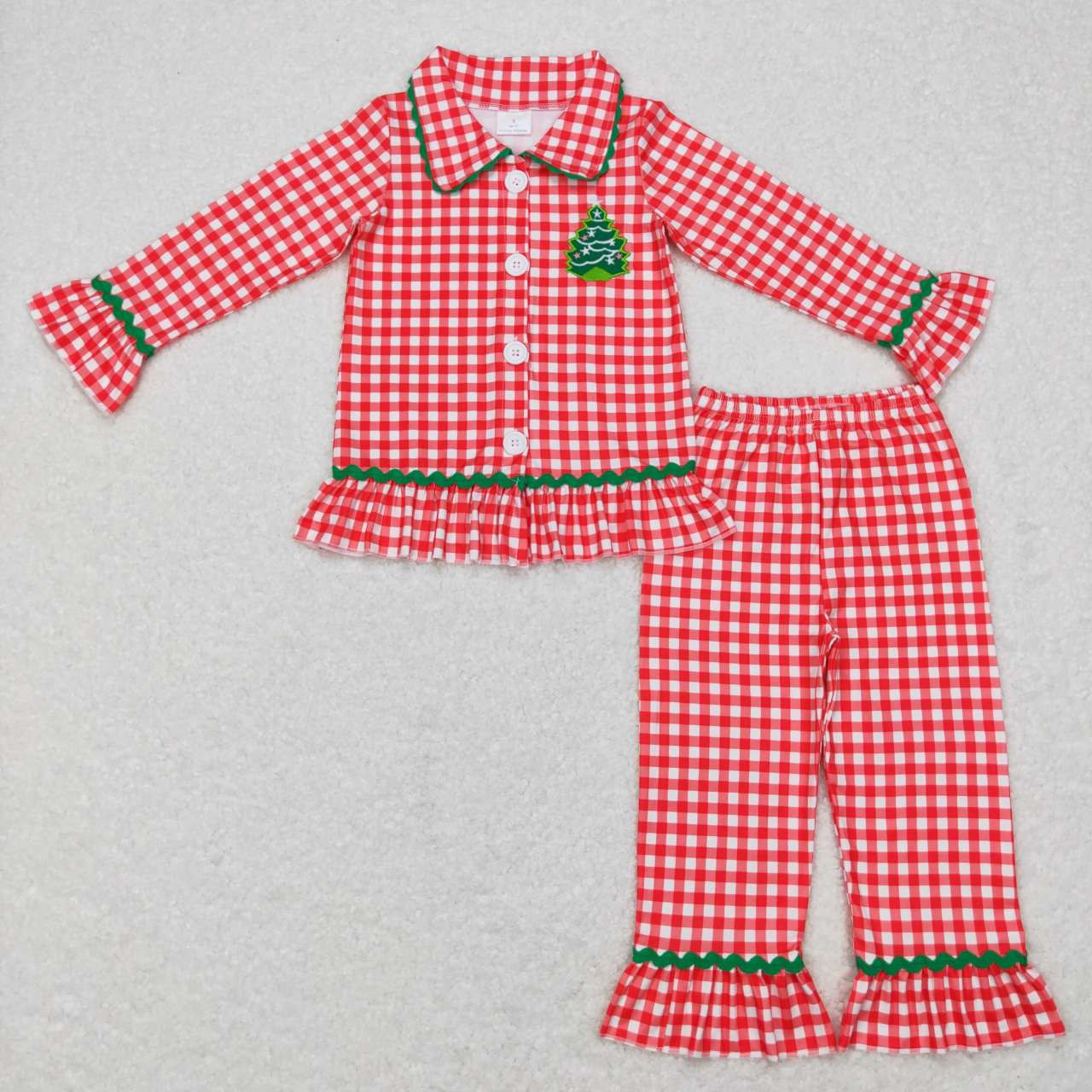 GLP0854 Christmas tree red striped plaid long sleeve girls pajamas