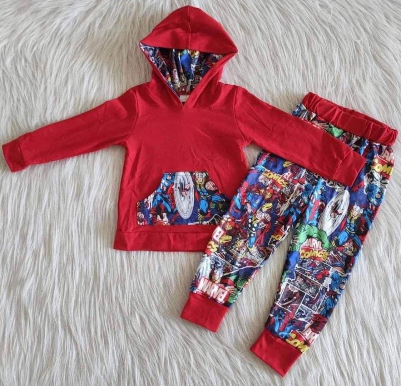 6 B6-25 Superhero pocket red hoodie pants boys set