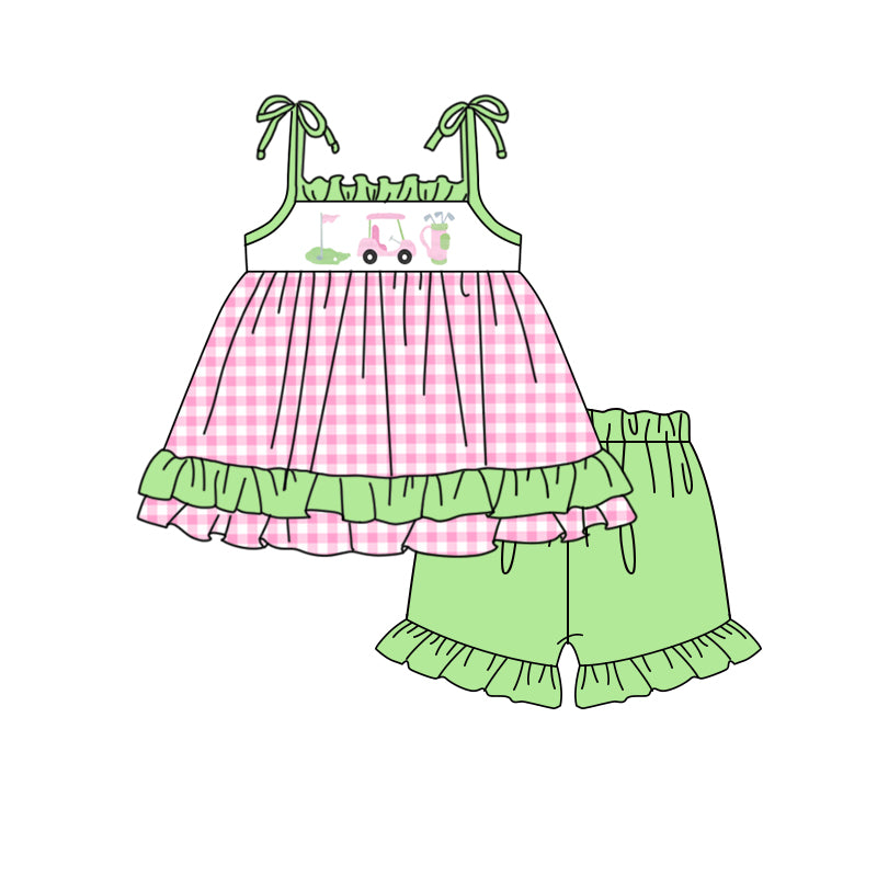preorder GSSO0781 Golf pink checkered sleeveless green shorts girls set