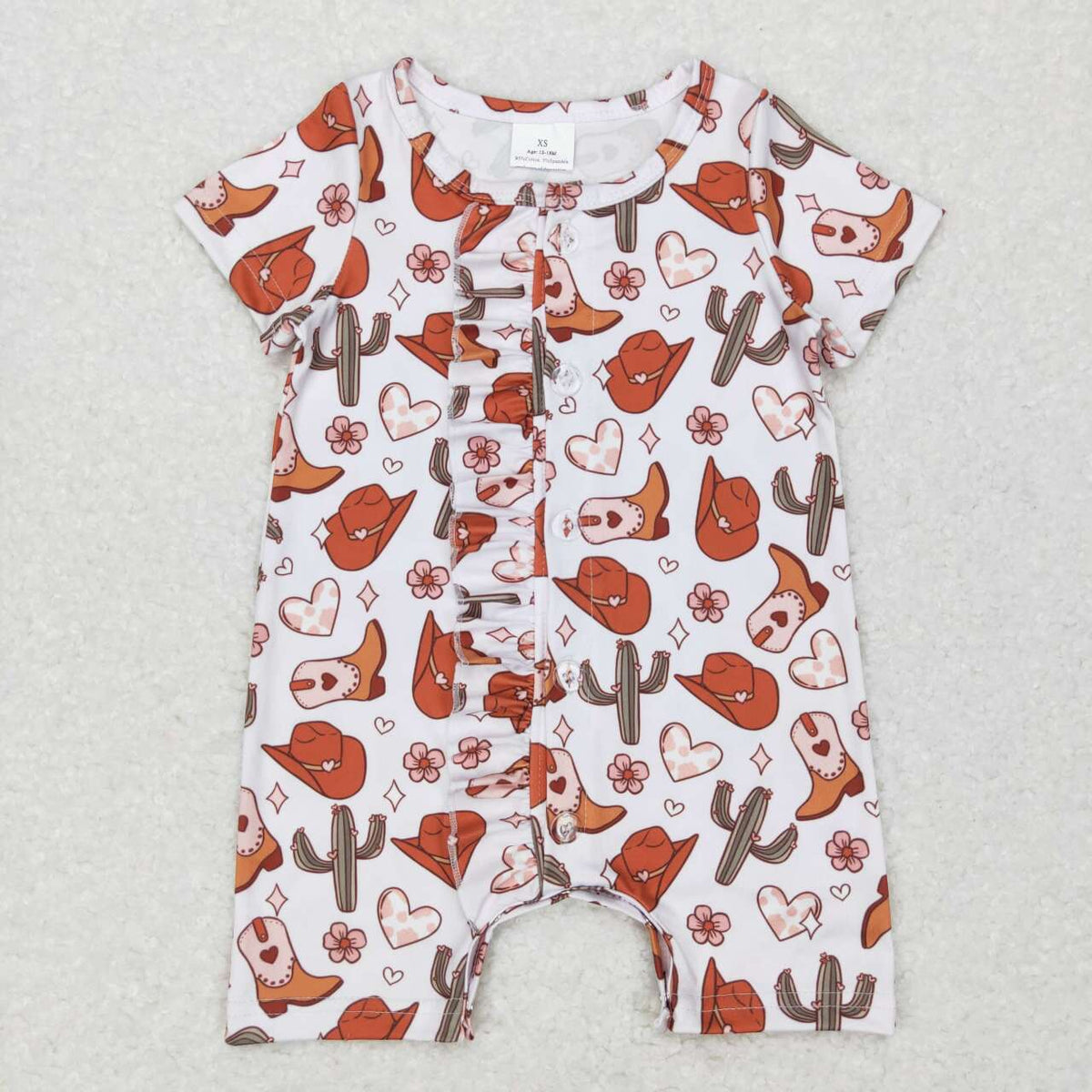 SR0522 Western hat cactus boot ruffles short sleeve girls romper