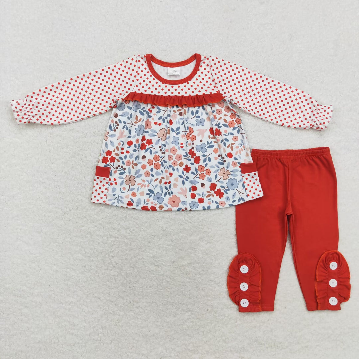 GLP1297 red flowers dot pockets long sleeve red pants girls set