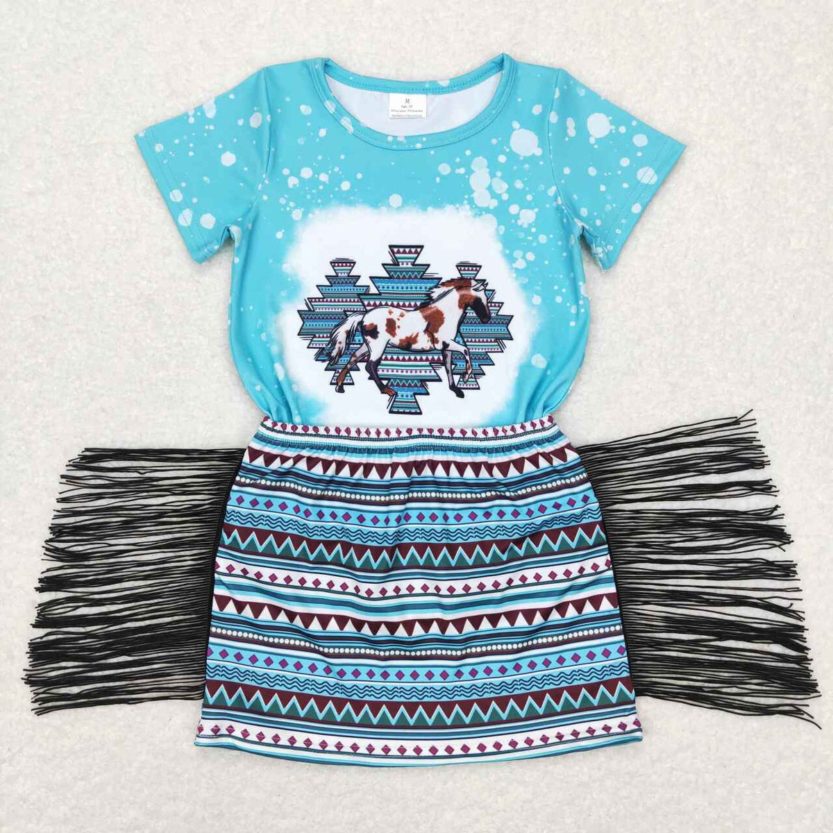GSD0607 Western horse blue short sleeve Aztec tassels skirt girls set