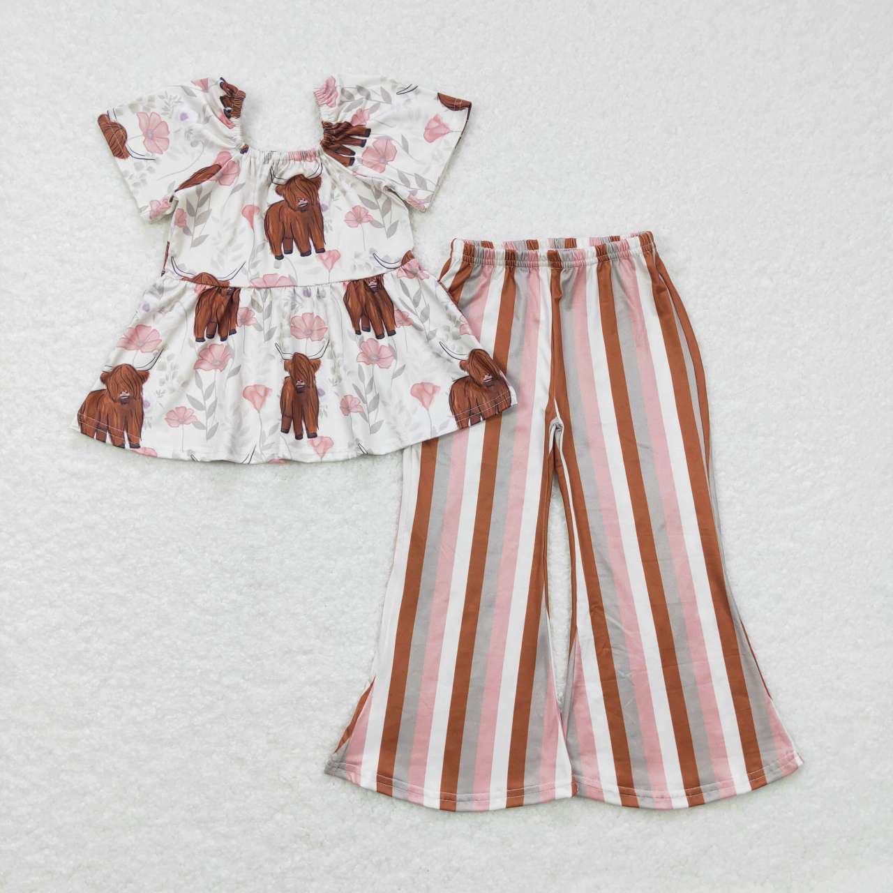 GSPO0961 Highland cow flowers short sleeve striped pants girls set