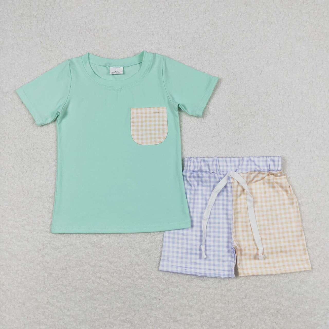BSSO0680 Cyan pocket short sleeve blue yellow checkered shorts boys set