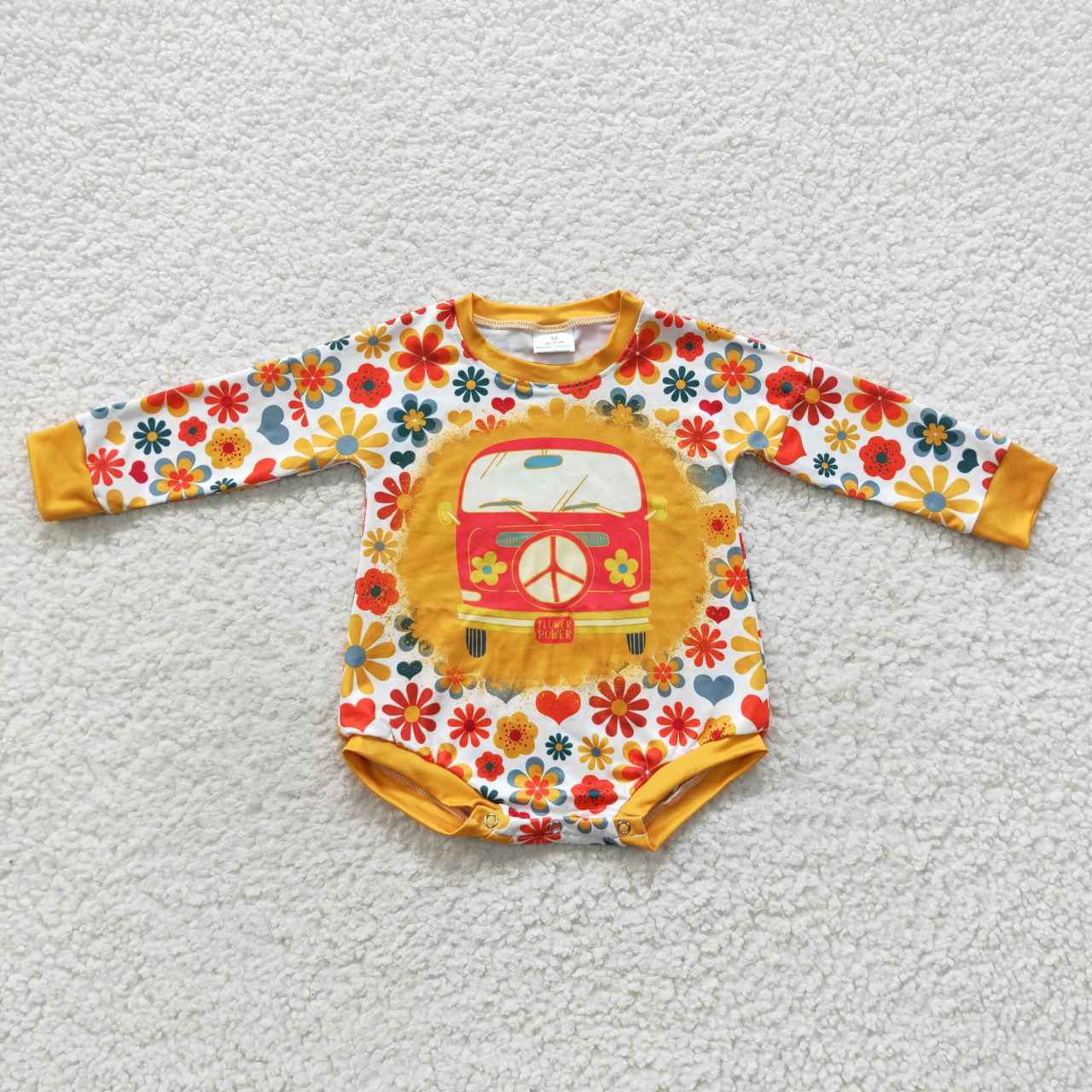 LR0399 Bus Colorful Flowers Orange Long Sleeves Kids Romper