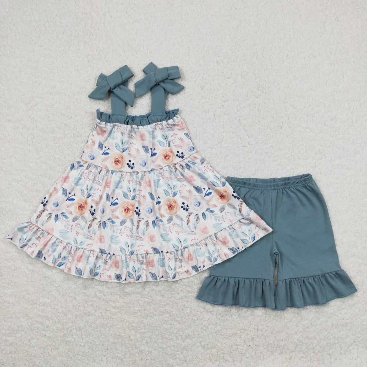 GSSO0562 Colorful Flowers Sleeveless Blue Shorts Girls Set