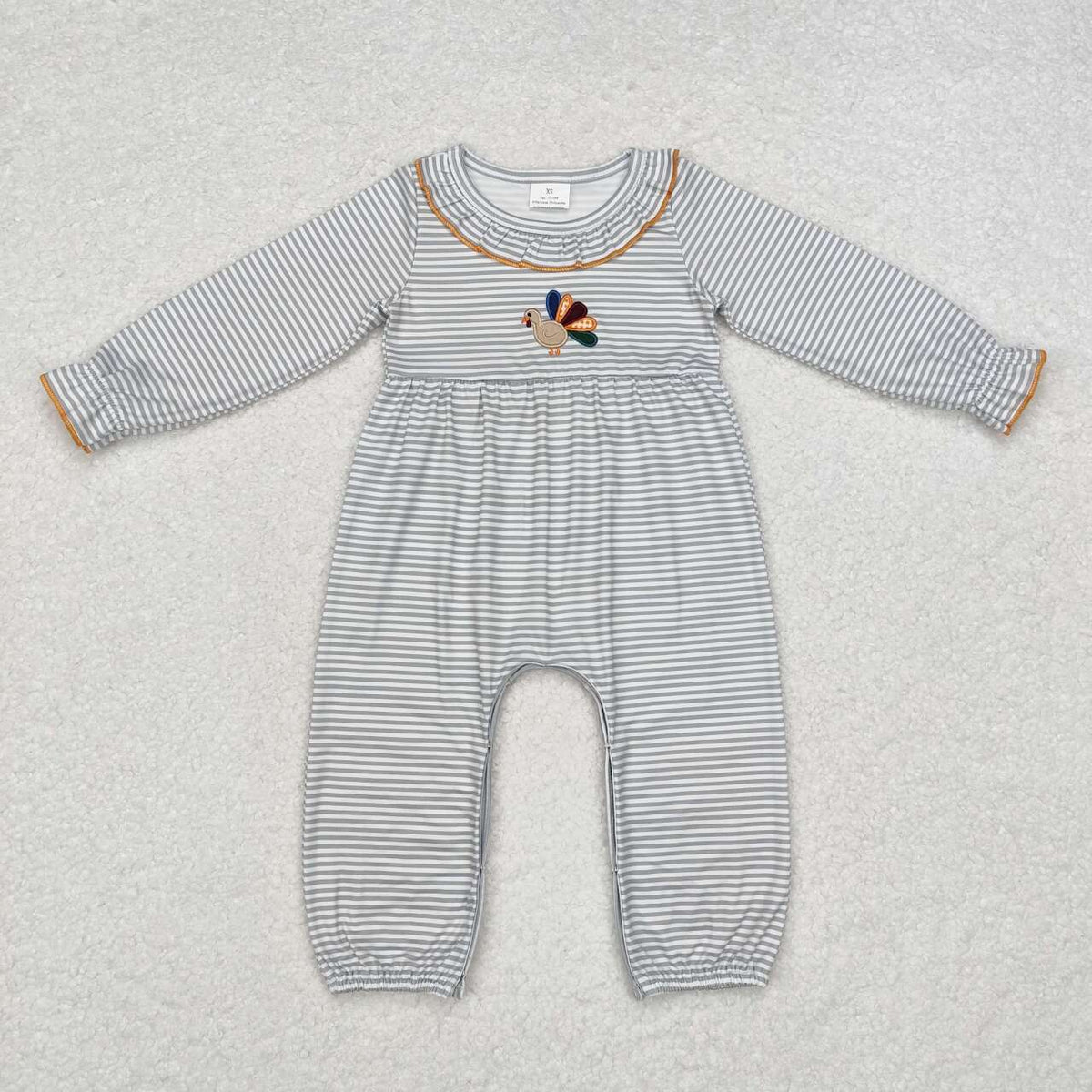 embroidery LR1542 Thanksgiving turkey striped long sleeve girls romper