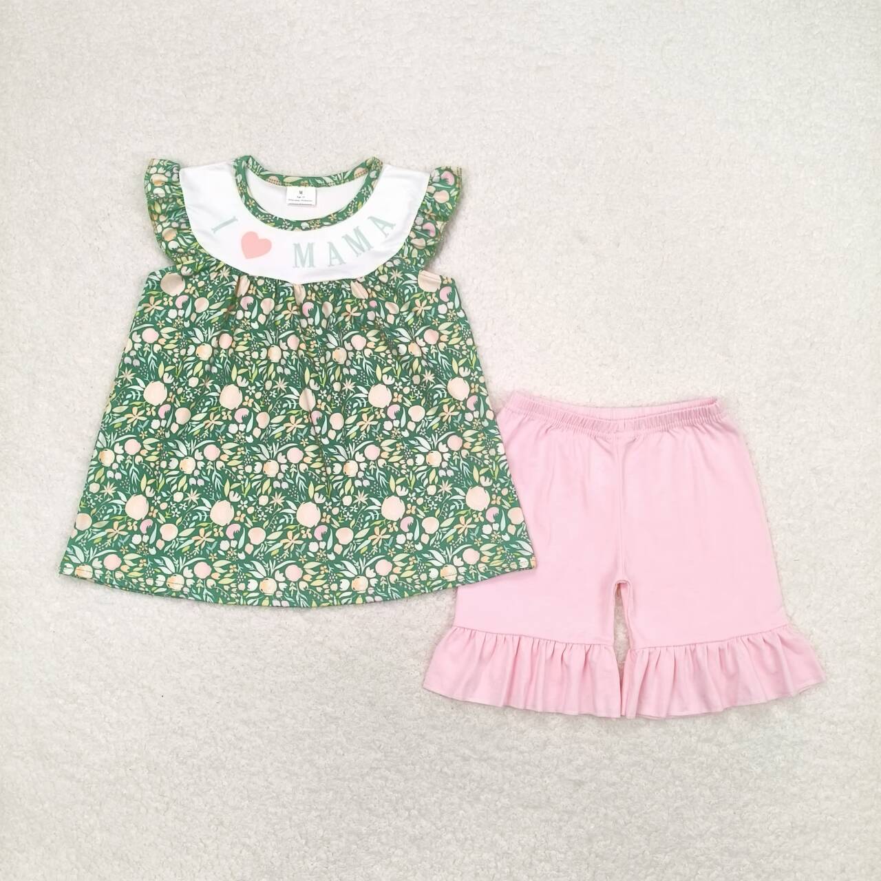 GSSO0913 i love mama green flowers flutter sleeve pink shorts girls set