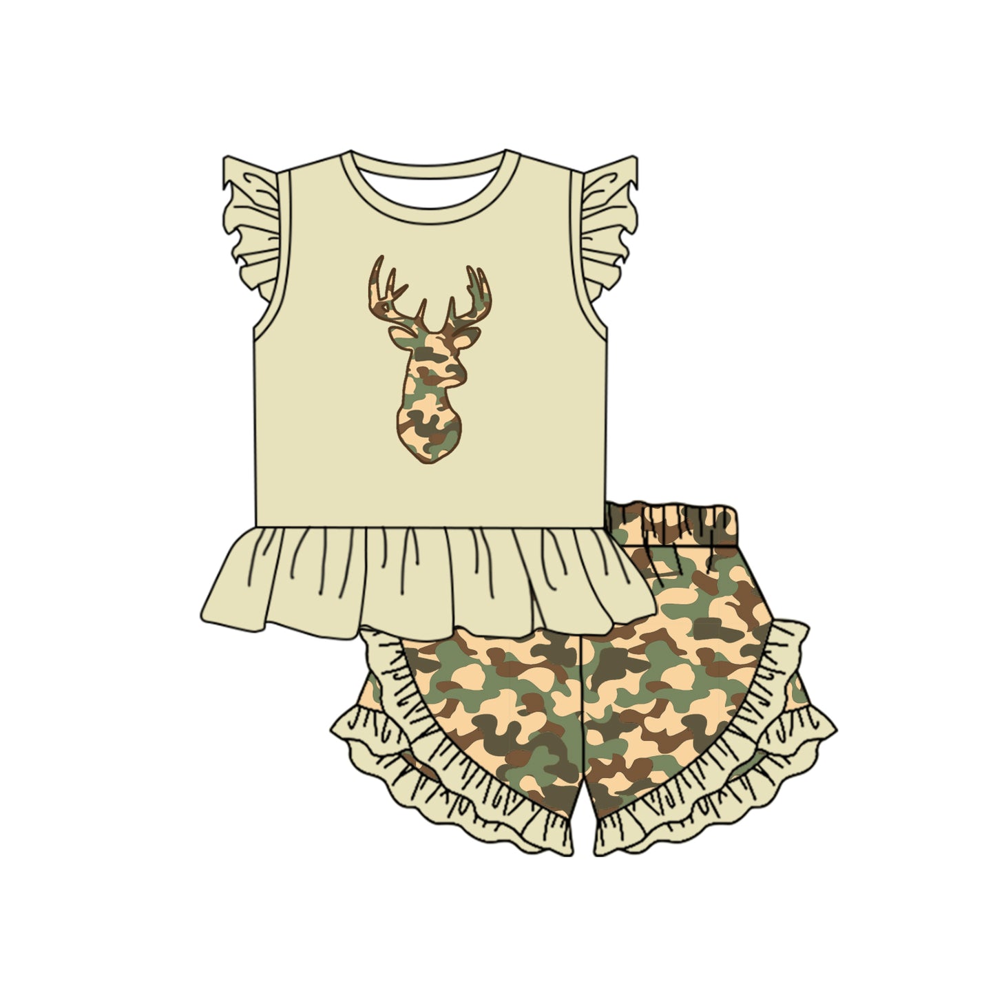 custom S deer flutter sleeve camo shorts girls set