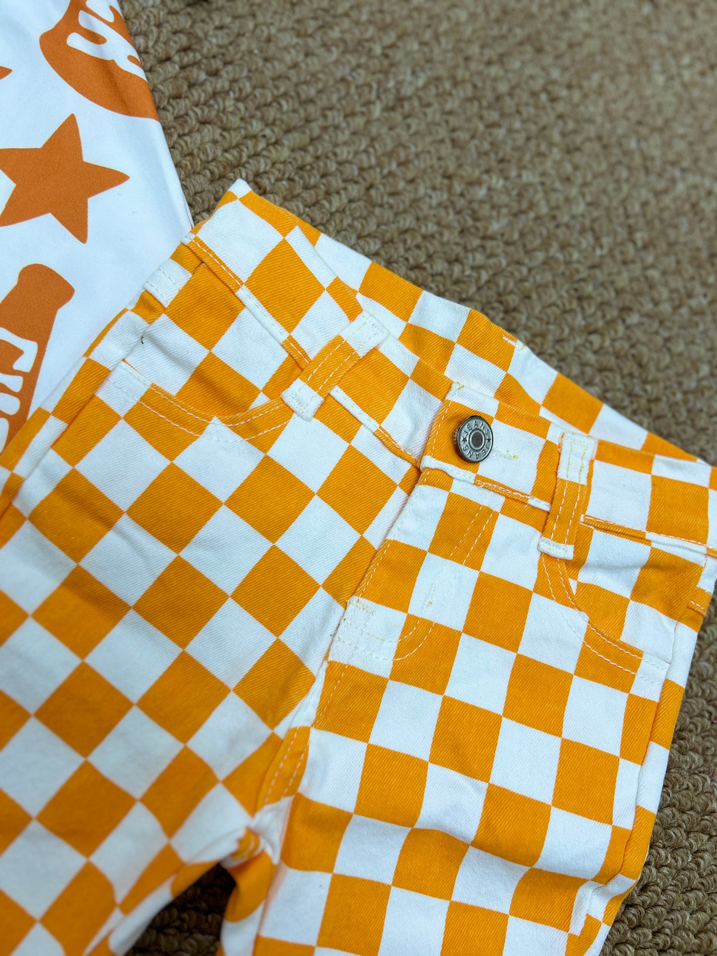 Cheer star orange short sleeve orange checkered jeans girls set