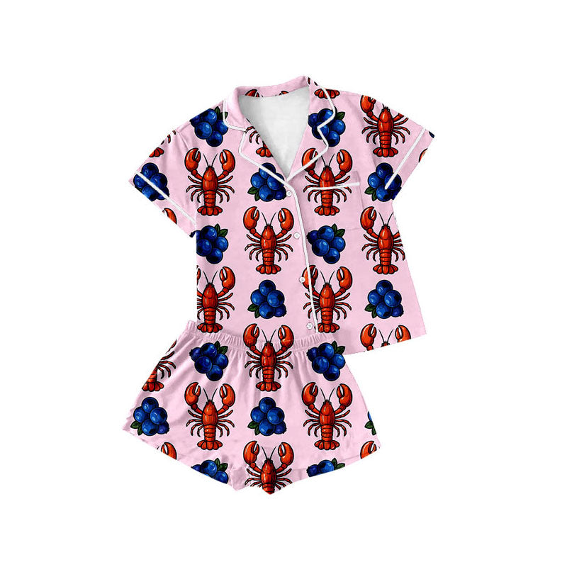 custom moq 5 Crayfish Blueberry Pink Short Sleeve Shorts Girls Pajamas