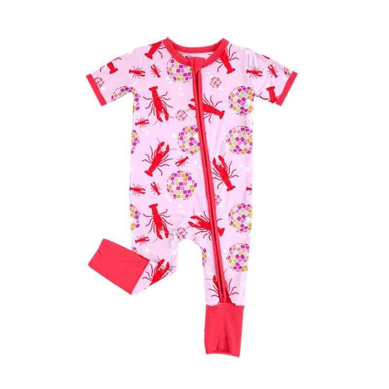 Custom moq 20 Bamboo Crayfish Light Pink Zipper Short Sleeve Girls Romper