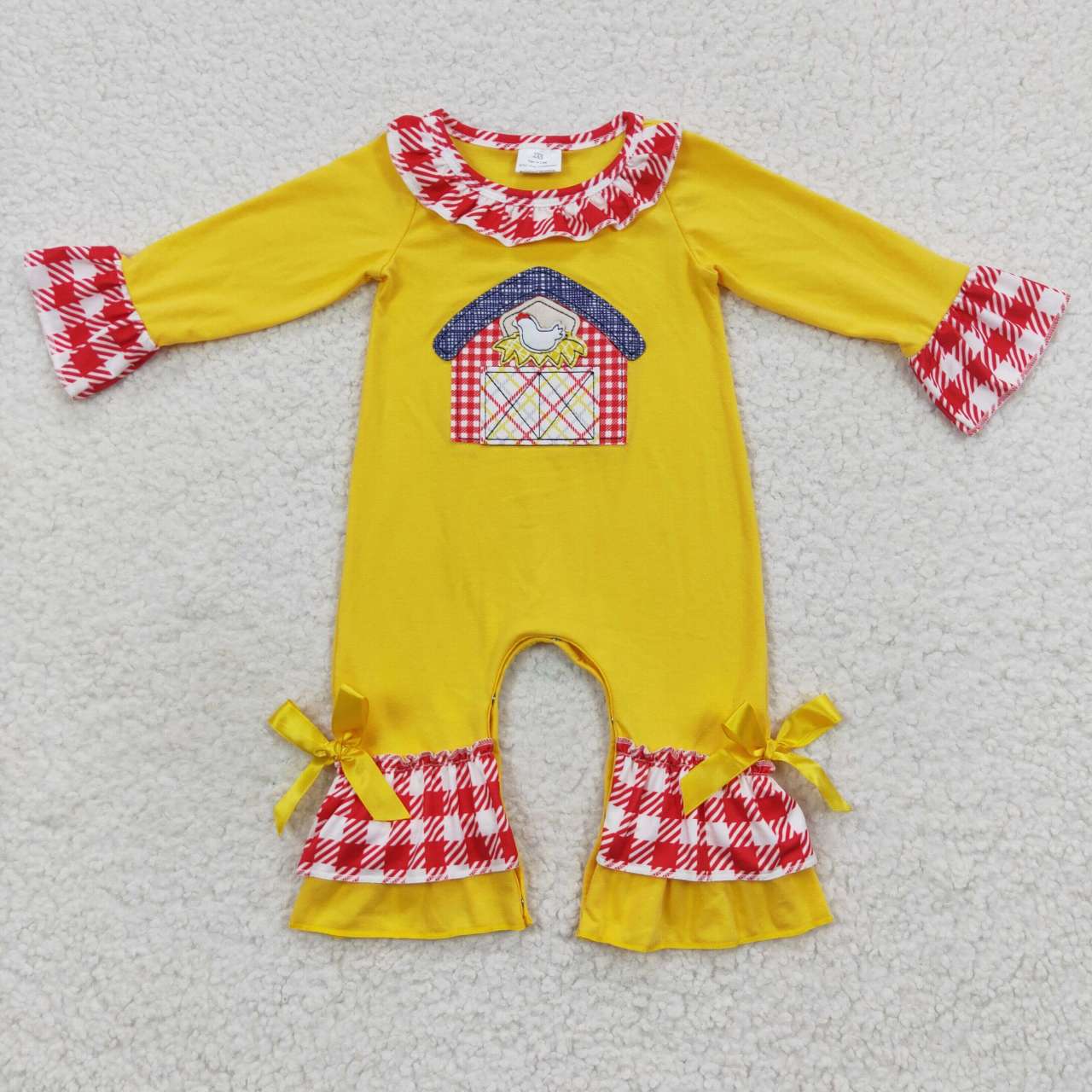 LR0383 Farm Cock House Yellow Long Sleeves Girls Romper