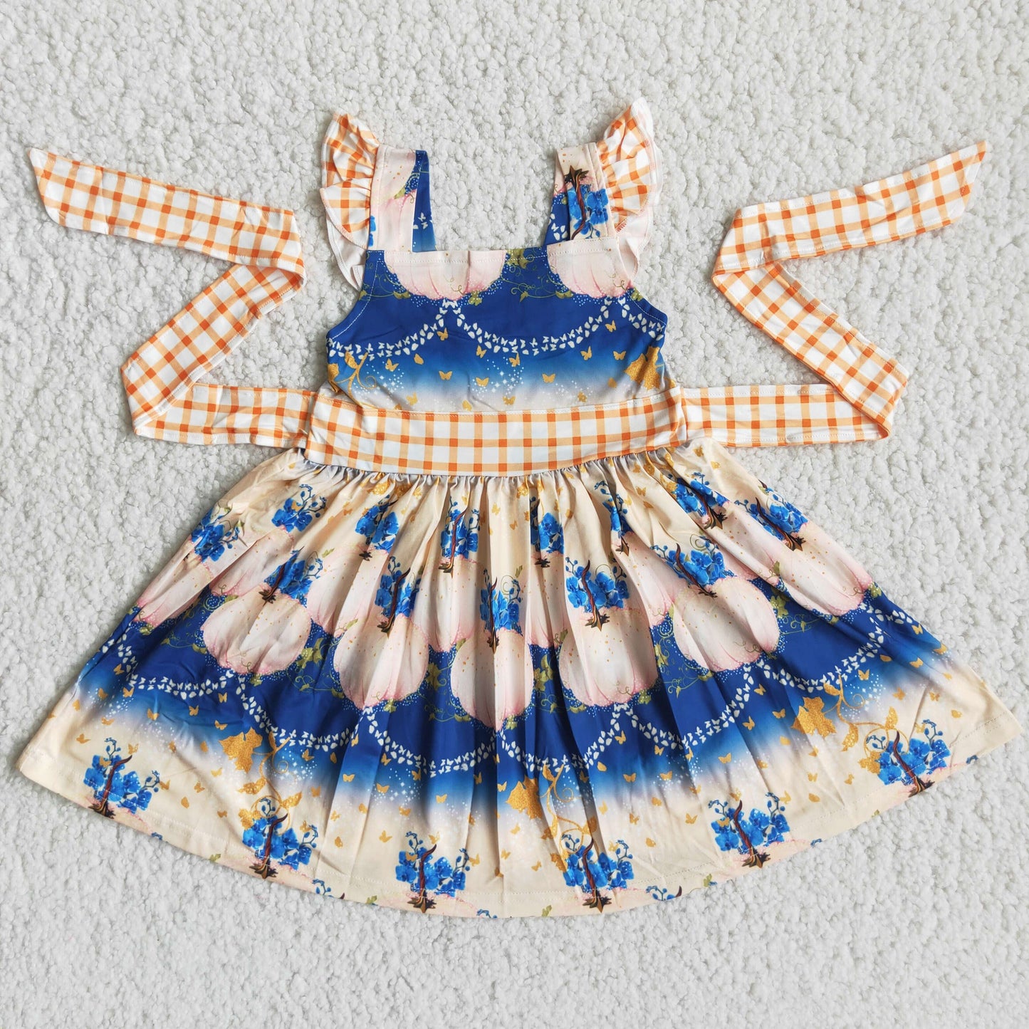 D2-17 Blue flowers flutter sleeve girls dress
