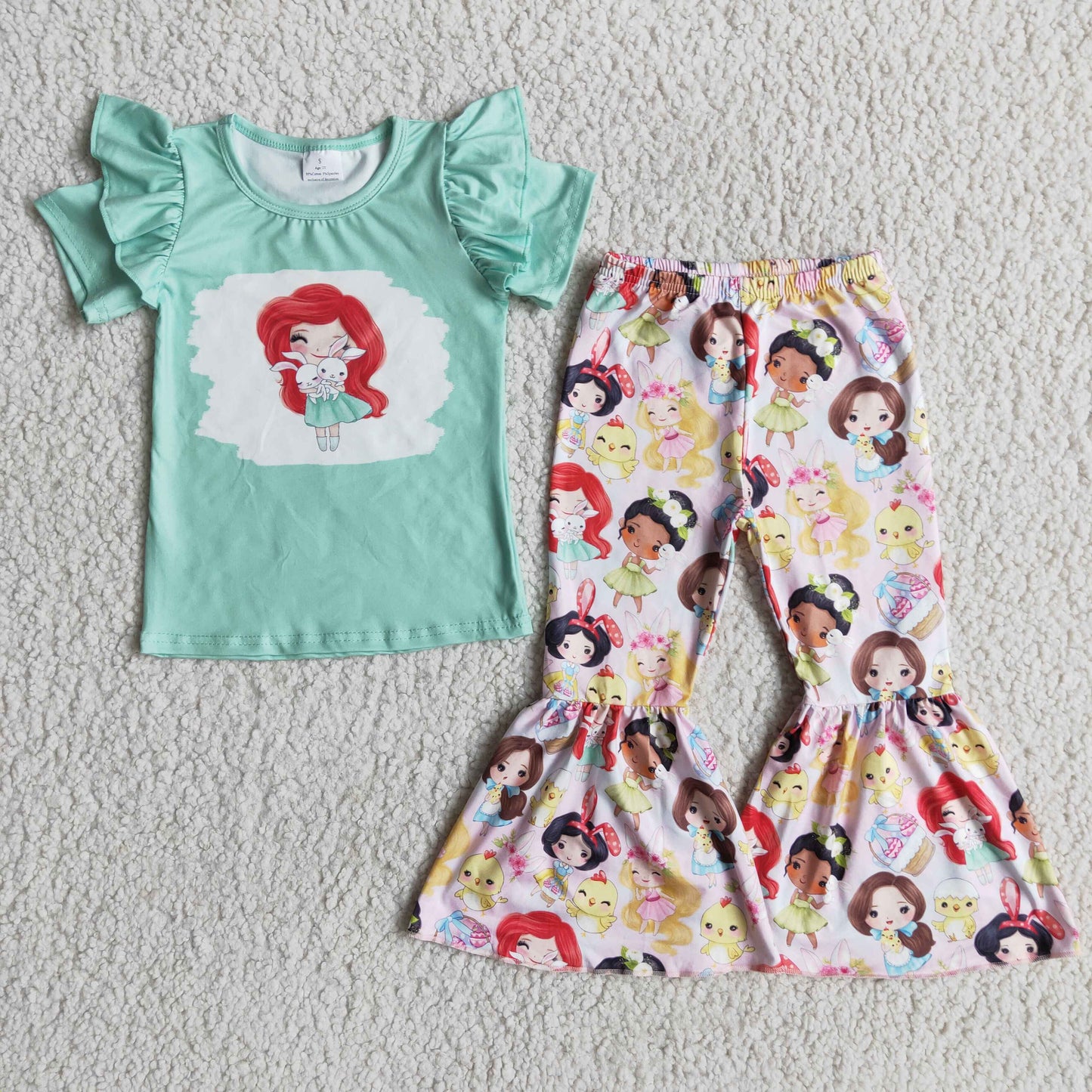 D3-4 Cartoon princess green short sleeve pink pants girls set