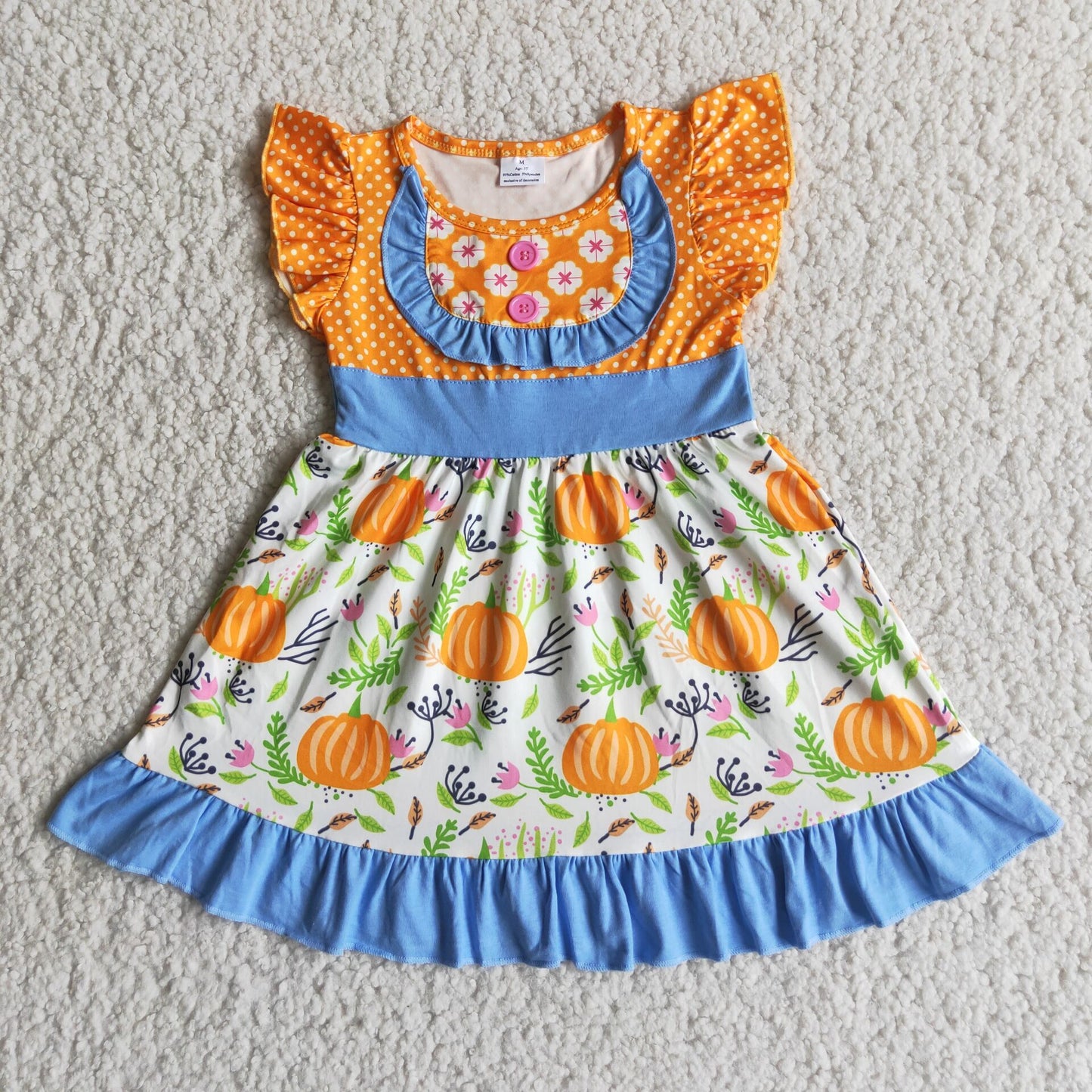 D4-13 Orange pumpkin blue flutter sleeve girls dress