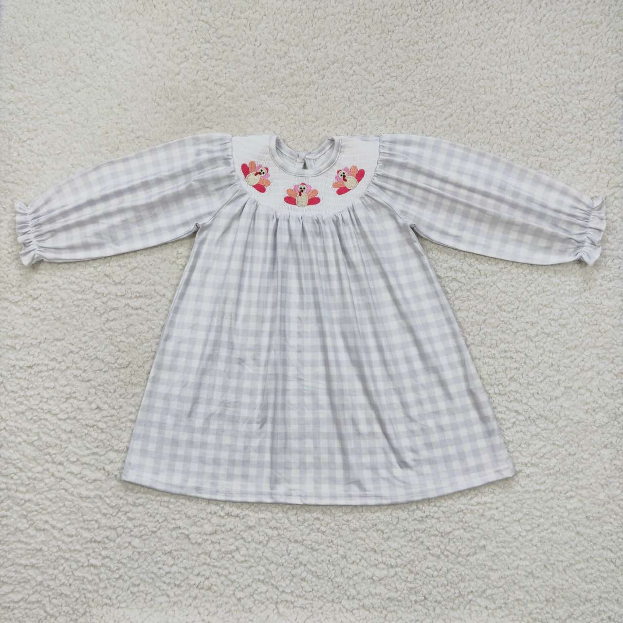 GLD0357 Thanksgiving turkey grey striped smock long sleeve girls dress