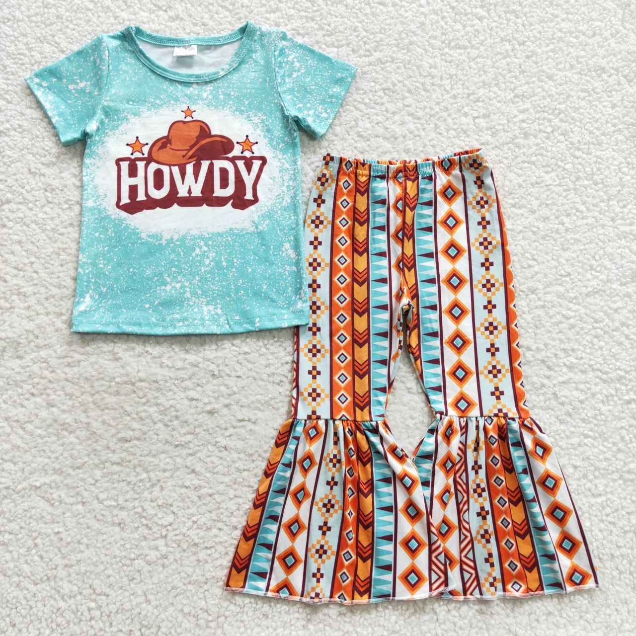 GSPO0735 Western Howdy Blue Short Sleeves Colorful Pattern Bell-bottoms Girls Clothes