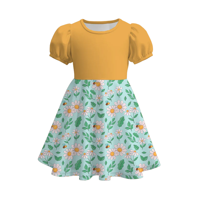 custom moq 3 flowers bee yellow short sleeve girls dress