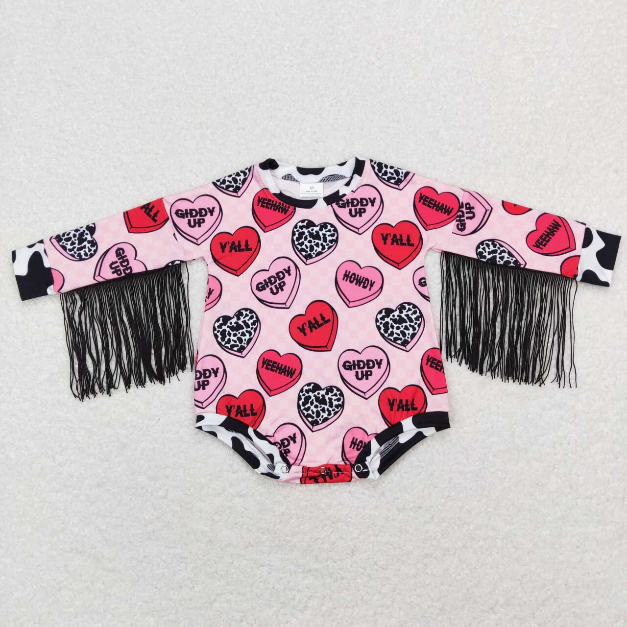 LR0815 Valentine's Day heart tassels long sleeve pink romper