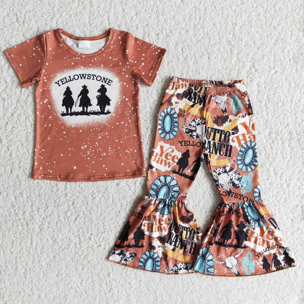 B1-19 Yellow Fashion Bleach Short Sleeve Girls Outfits