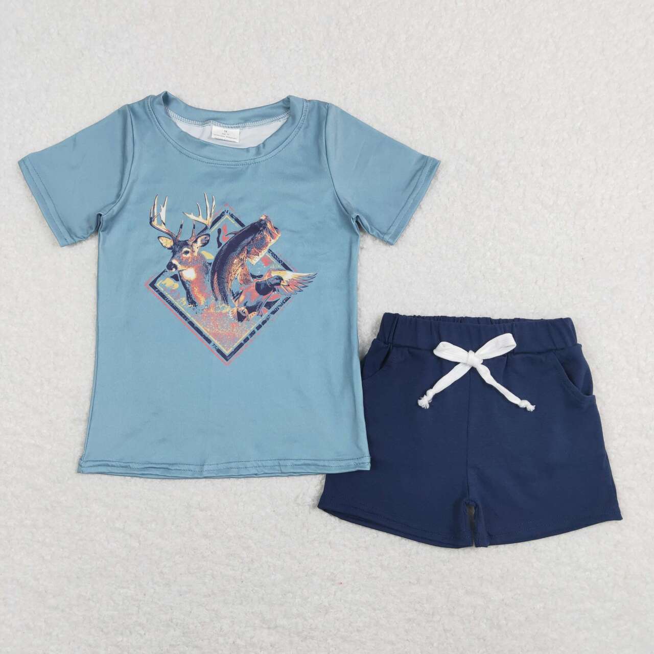 BSSO0315 Southearn hunting deer fish short sleeve navy shorts boys set
