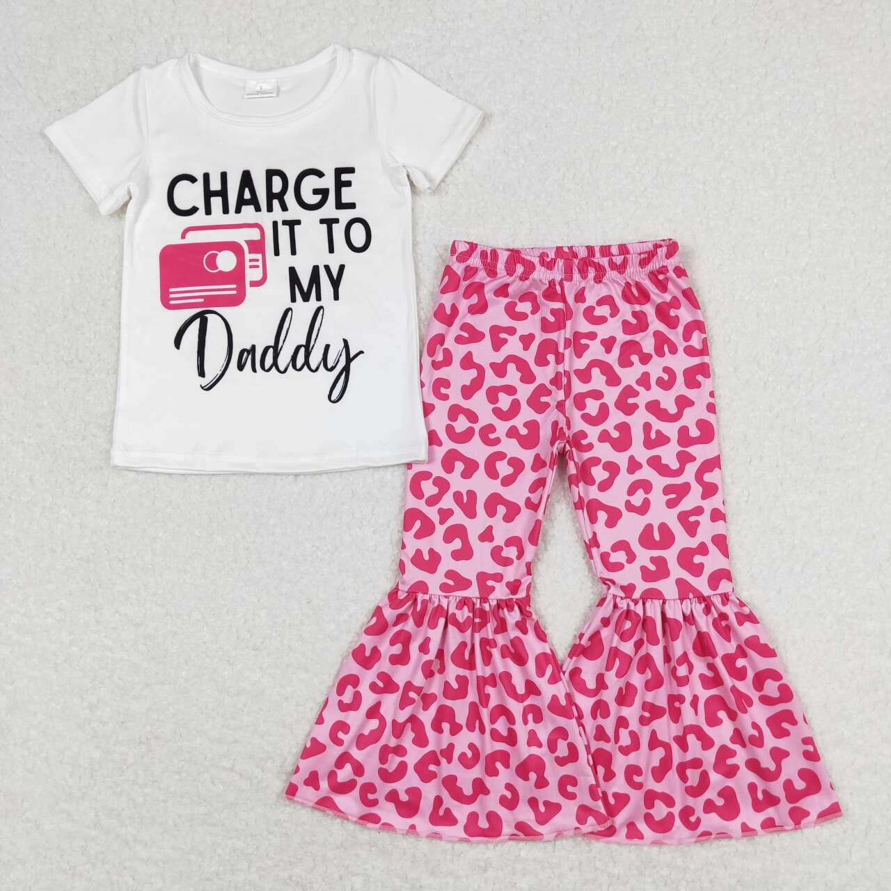 GSPO1447 charge it to my daddy short sleeve hot pink leopard pants girls set