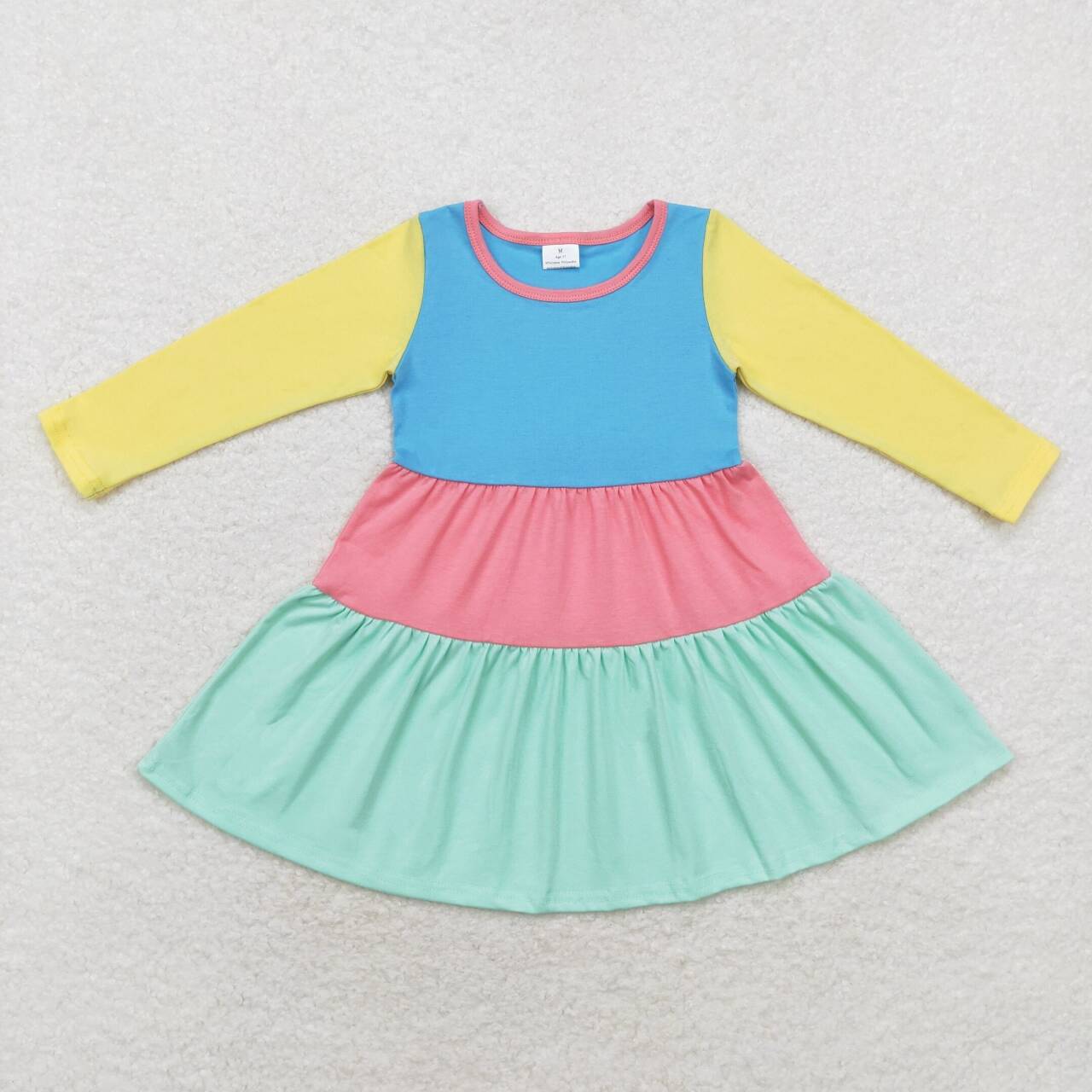 GLD0601 colorful blue yellow pink long sleeve girls dress