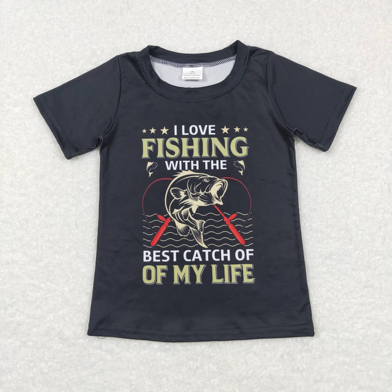 BT0414 I love fishing black short sleeve boys t-shirt