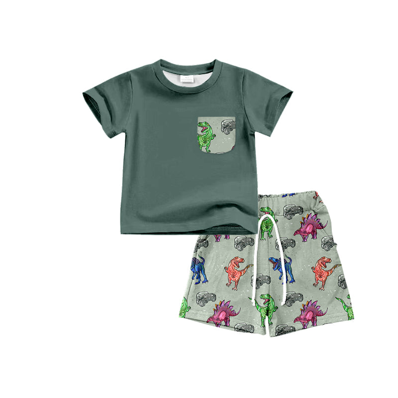 custom S dark green pocket short sleeve dinosaur shorts boys set