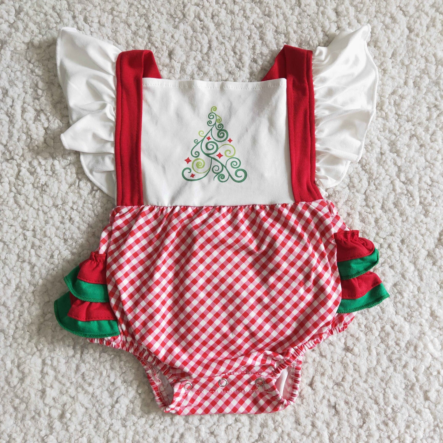 E3-28 Christmas tree red checkered flutter sleeve girls romper