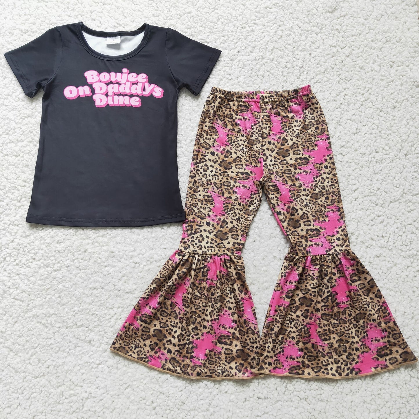 E4-16 Boujee black short sleeve leopard pants girls set