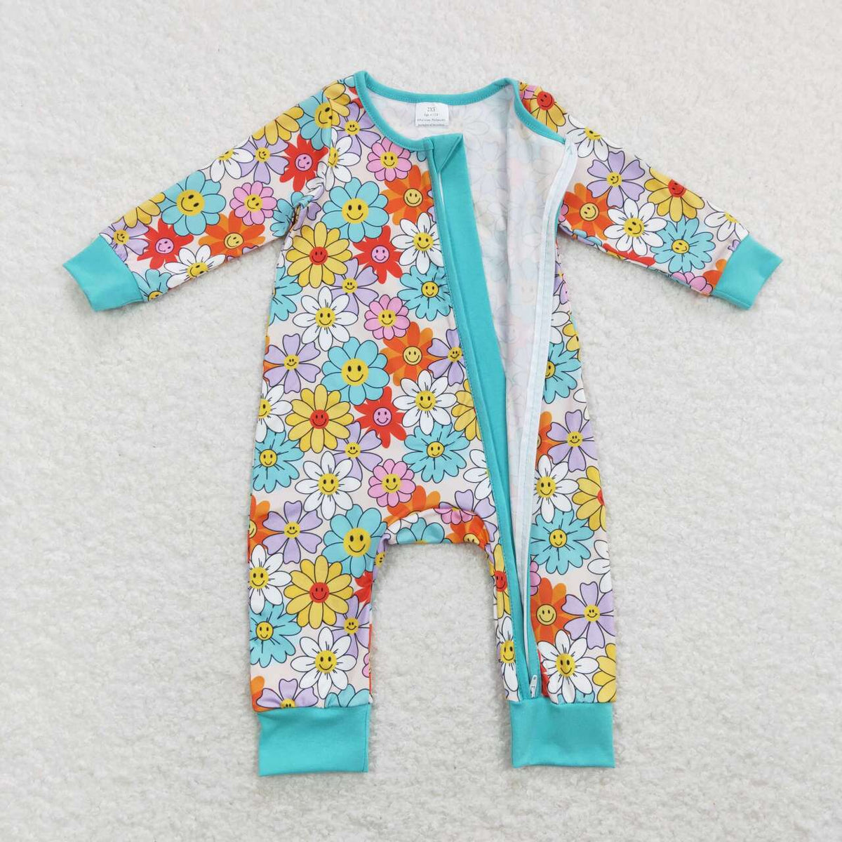 LR0899 Baby Colorful Smile Flowers Blue Long Sleeve Zipper Baby Romper Kids Clothes