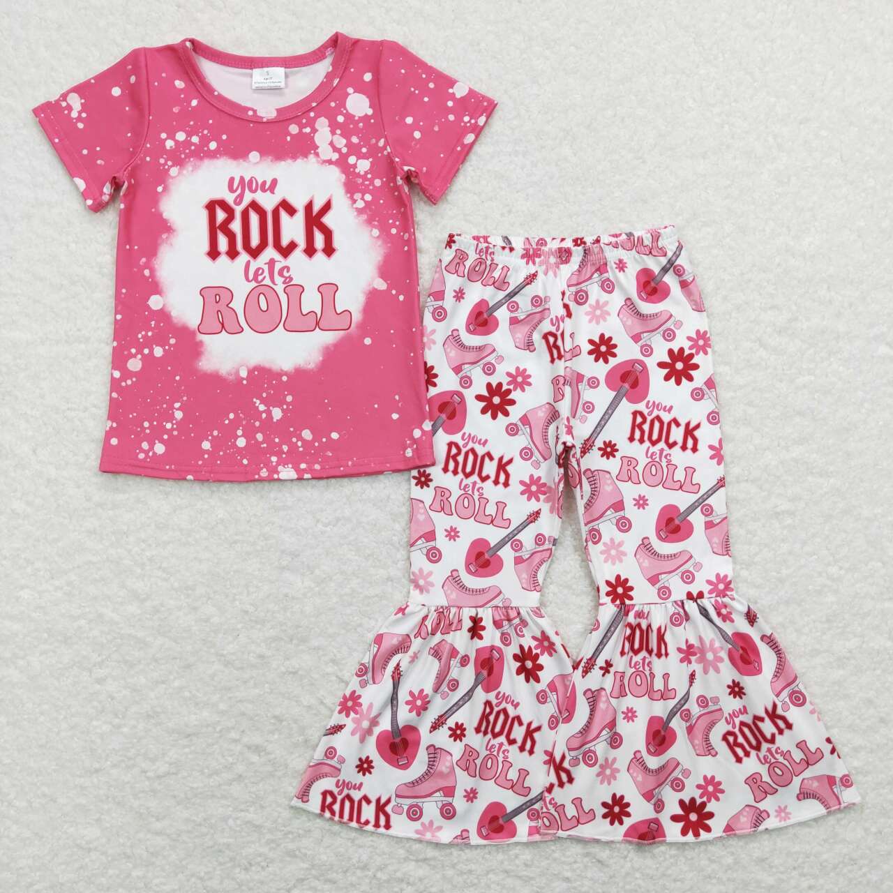 GSPO1146 Rock Roll red short sleeve ice skates flowers pants girls set