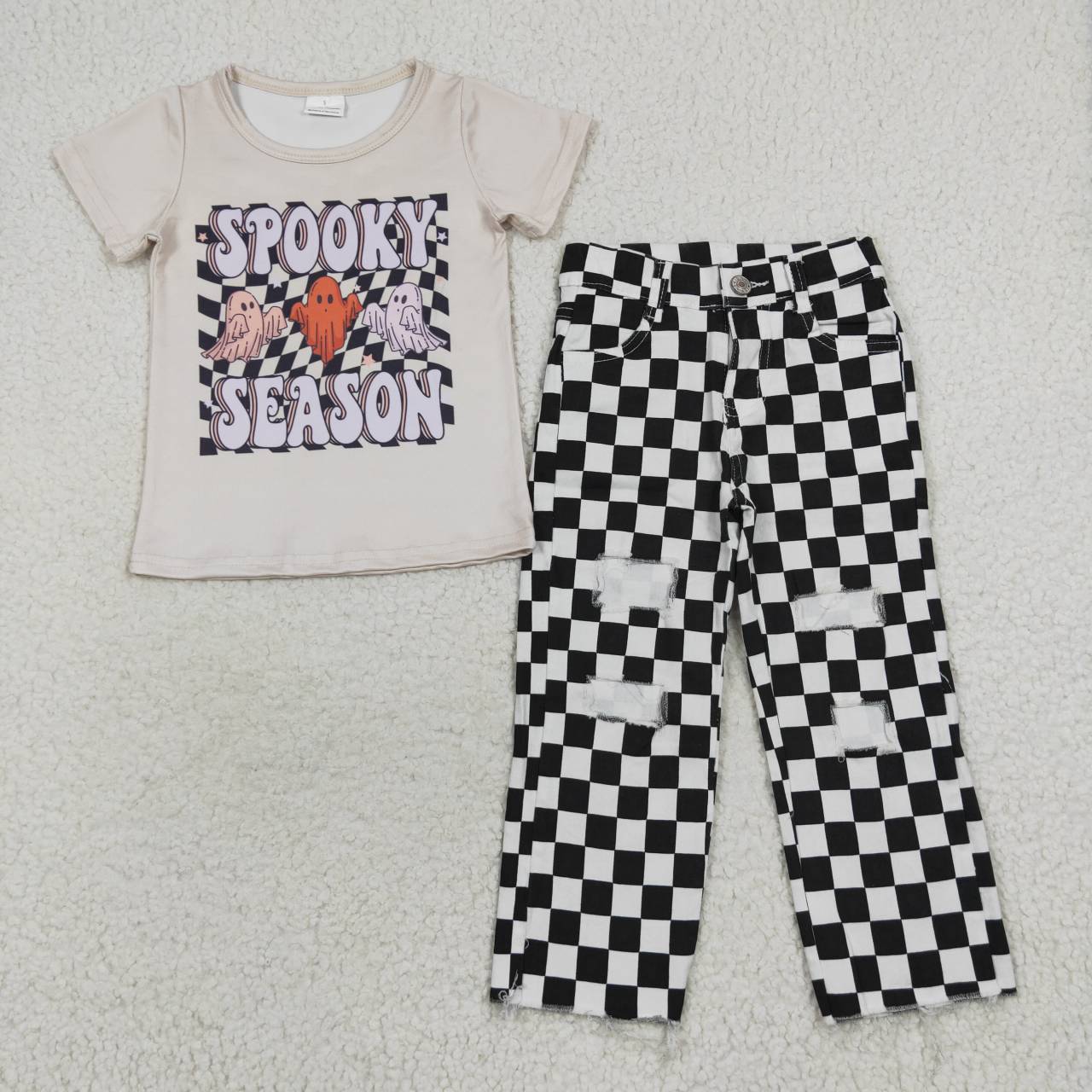 BSPO0156 Halloween spooky season short sleeve black plaid cell denim pants boys set
