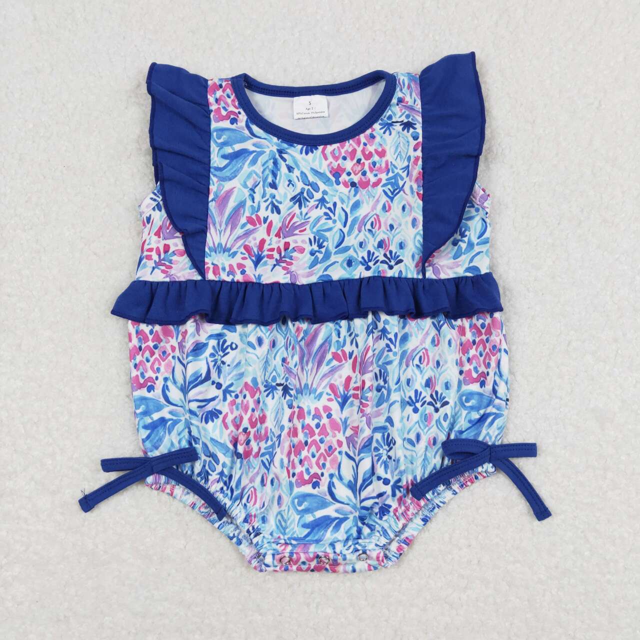 SR1033 Colorful Flowers Blue Flutter Sleeve Girls Summer Romper