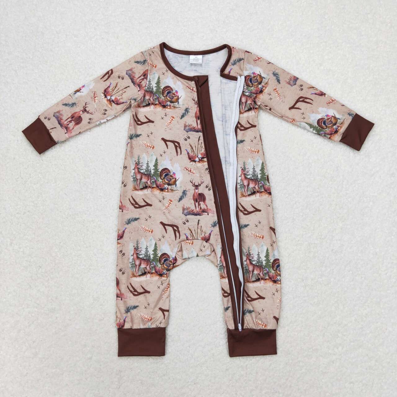 USA SHOP LR1014 bamboo hunting deer turkey brown long sleeve zipper boys romper