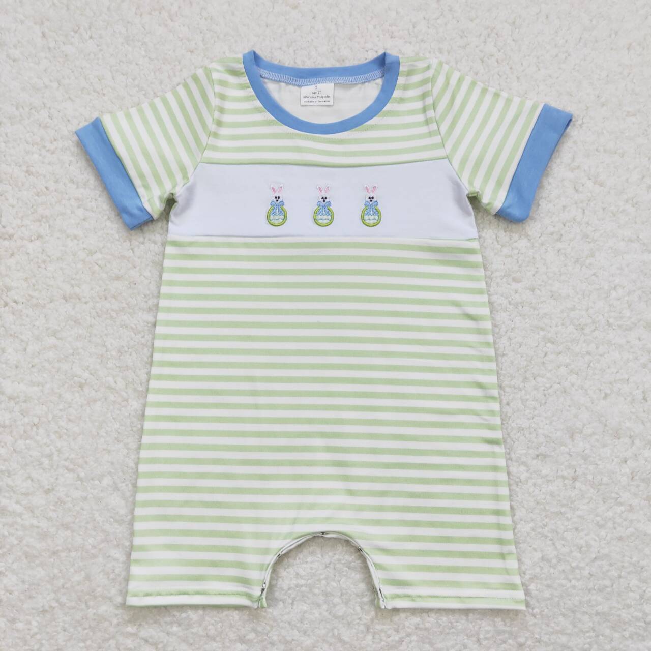 SR0704 Easter embroidery rabbit green striped short sleeve boys romper