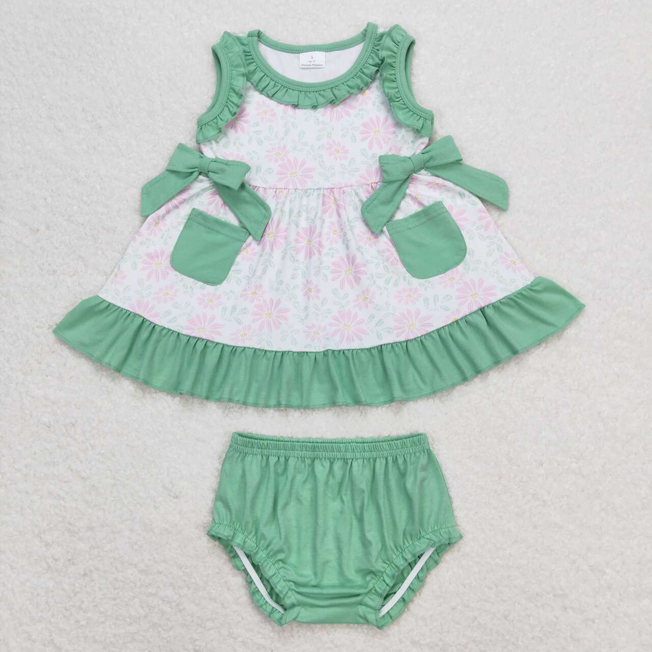 GBO0292 Colorful flowers pockets green sleeveless girls bummies set