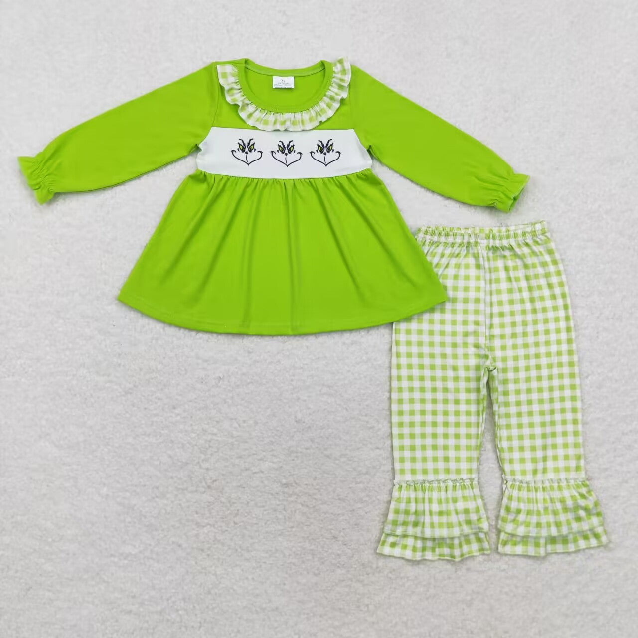 GLP1399 Christmas green face long sleeve green checkered pants girls set