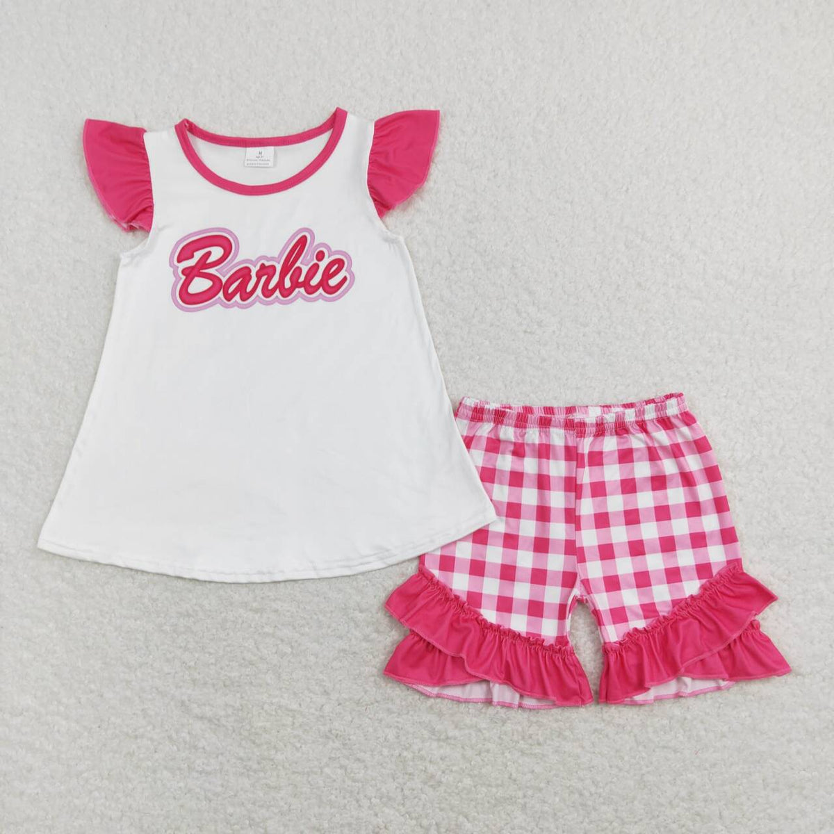 GSSO0477 Cartoon BA Flutter Sleeve Hot Pink Checkered Ruffles Shorts Girls Set