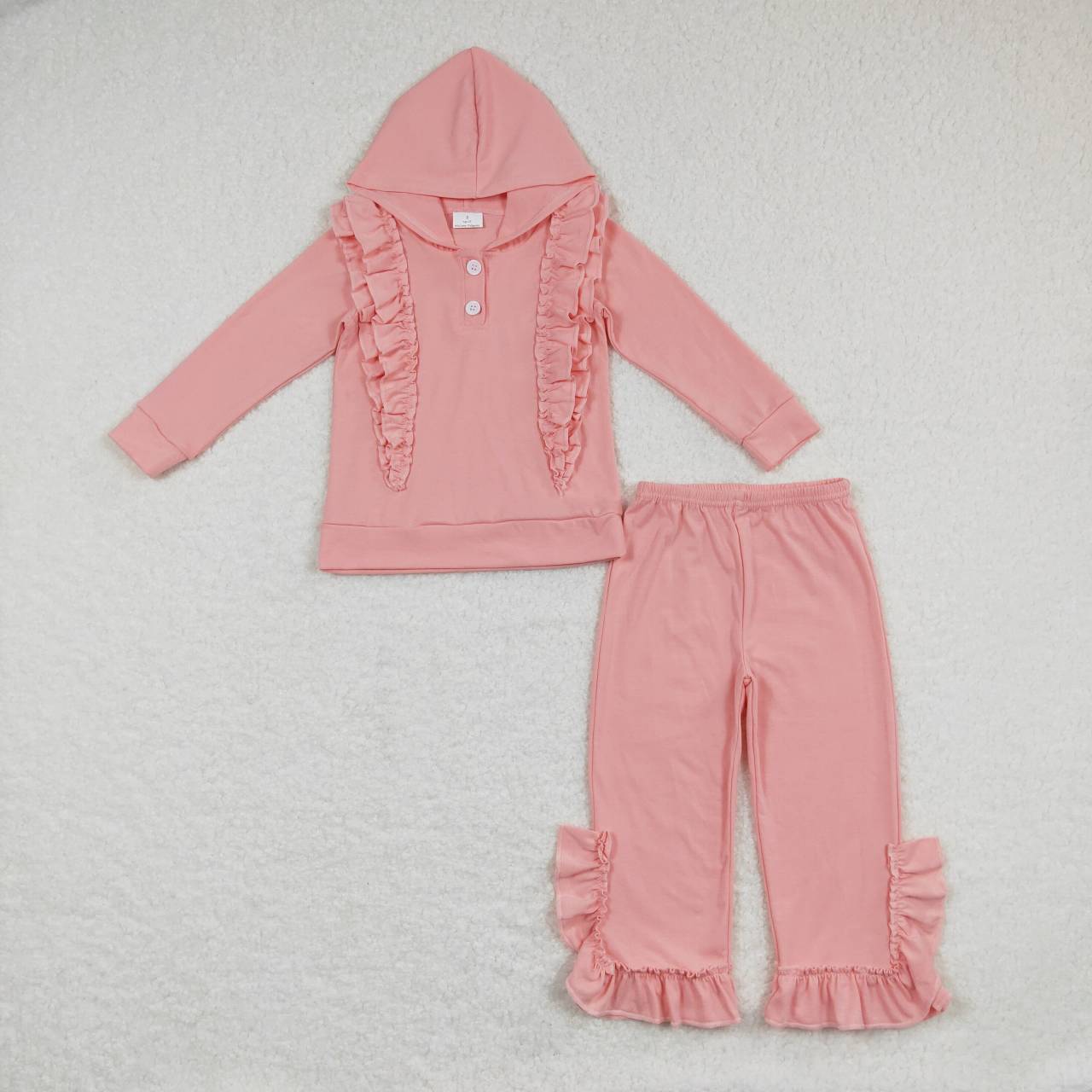 GLP0894 Pink ruffles long sleeve hoodie girls set