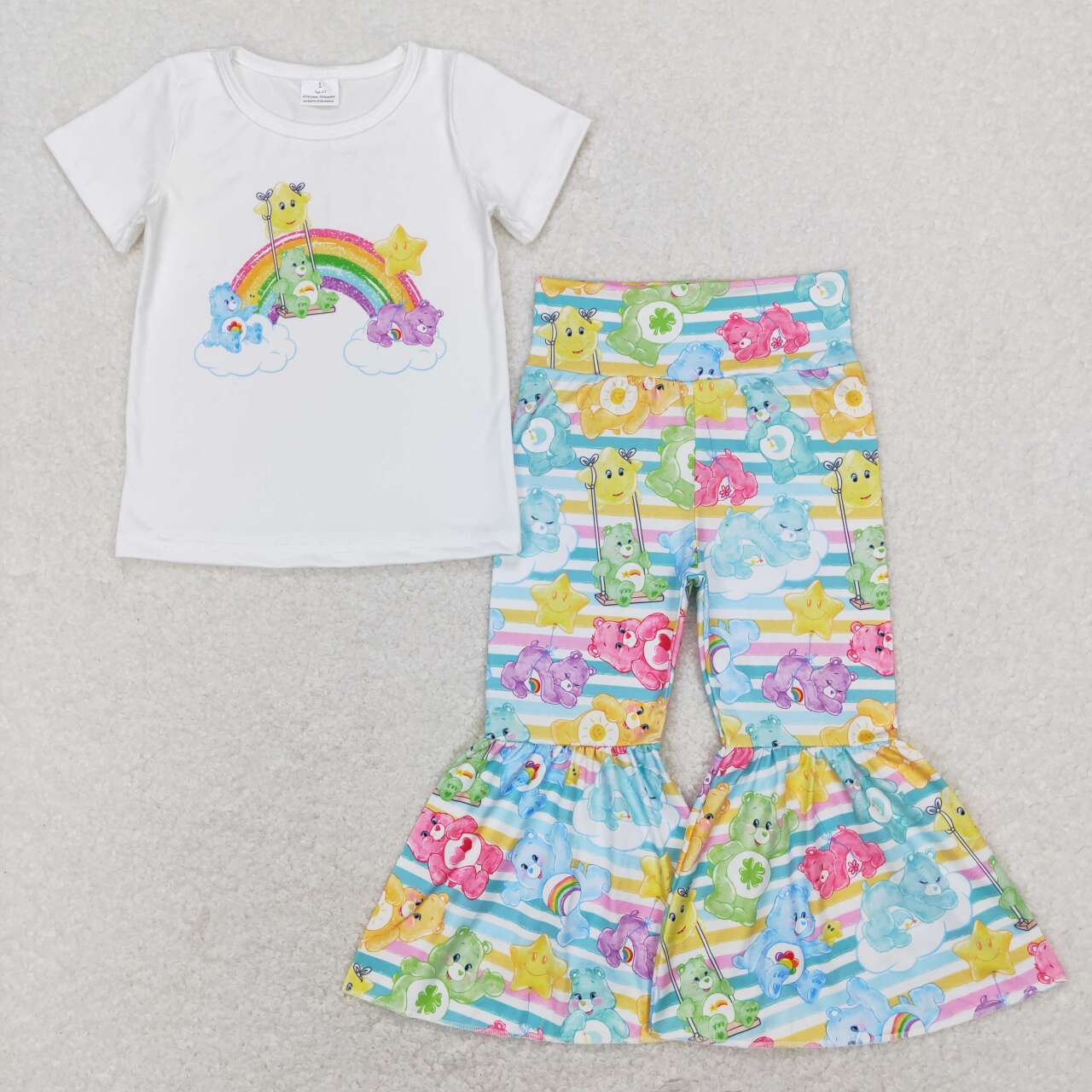 GSPO1189 Rainbow Cartoon White Short Sleeve Colorful Striped Pants Girls Set