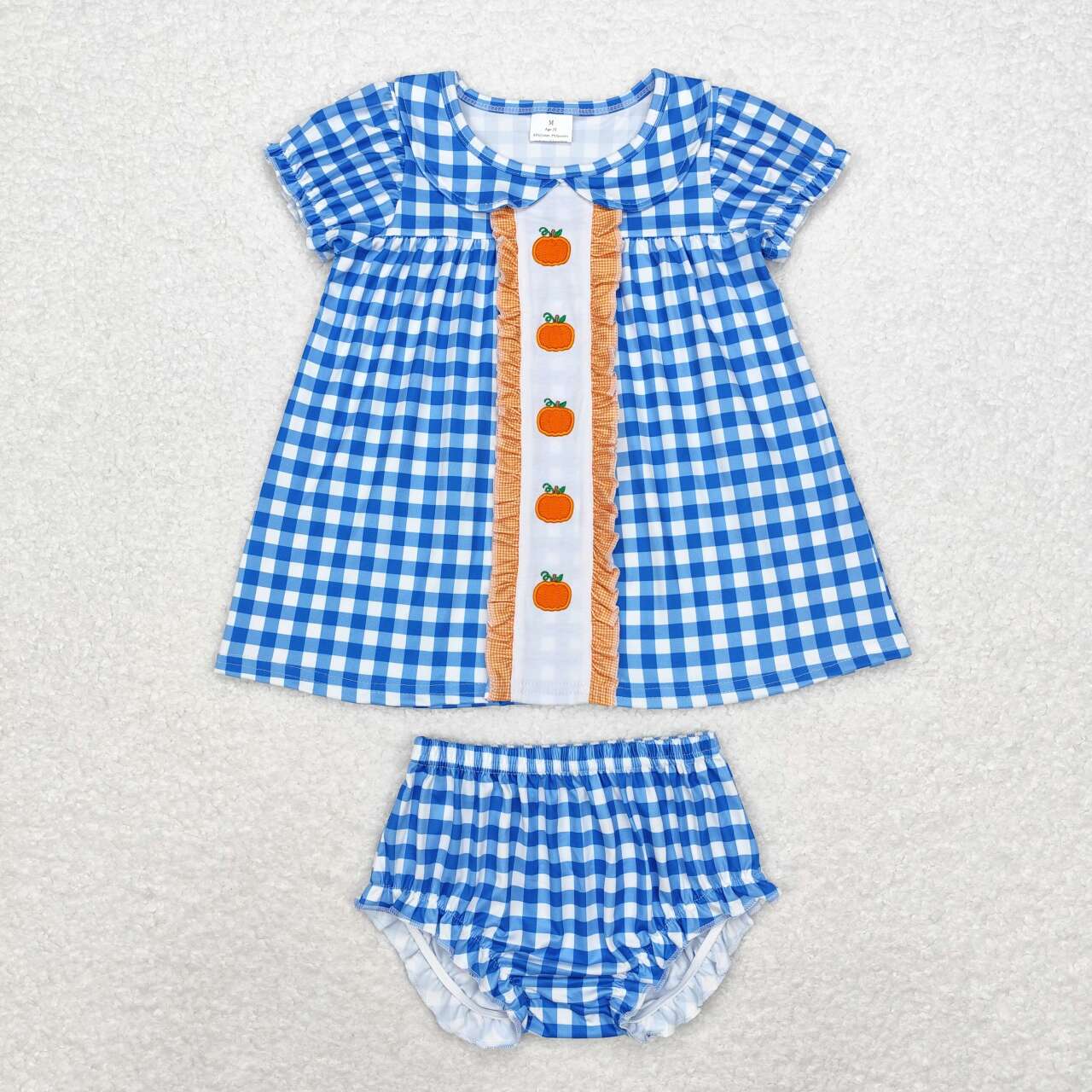 embroidery GBO0431 Autumn pumpkin blue checkered short sleeve girls bummies set